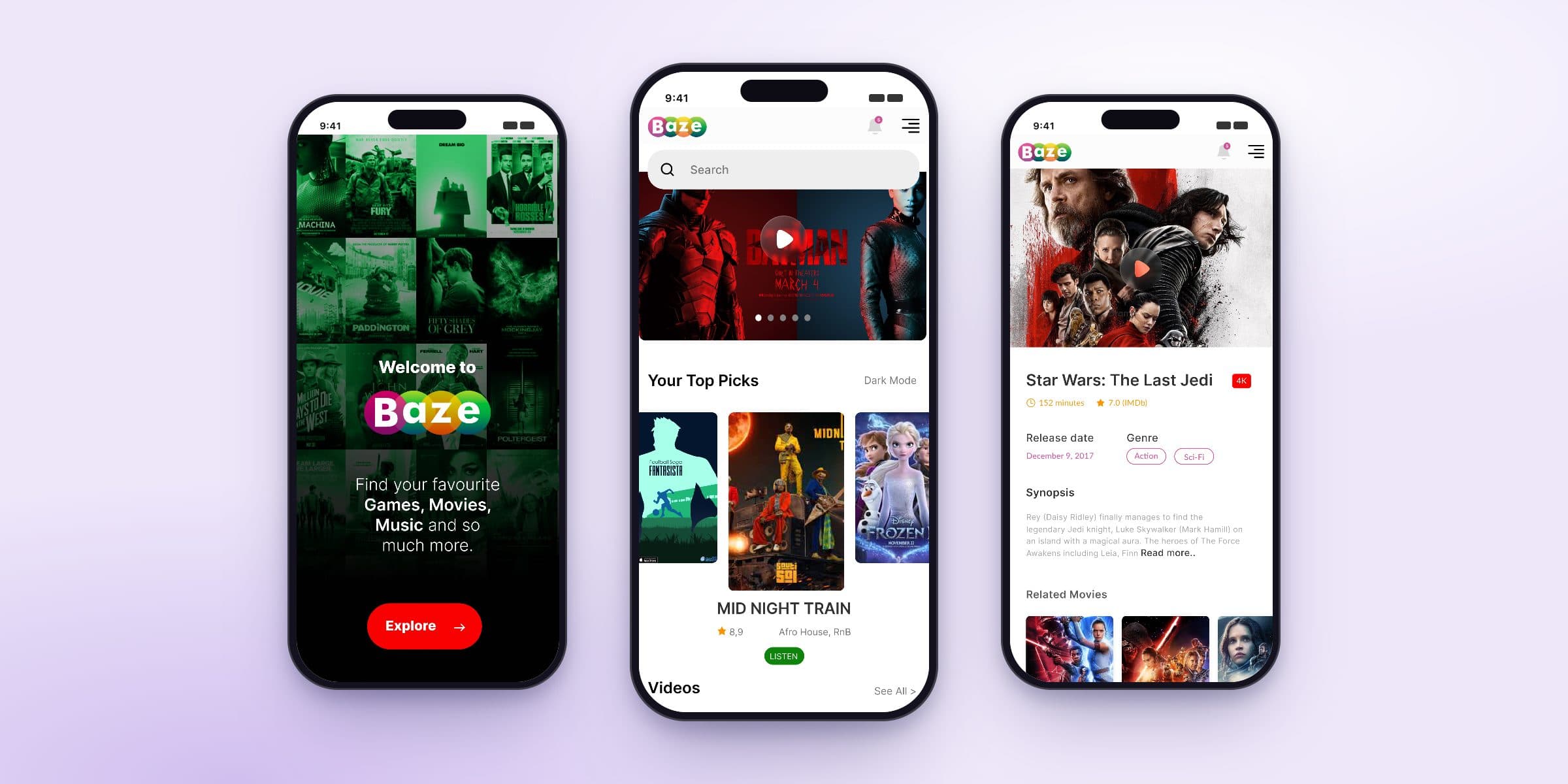 Baze welcome, home and movie screens on mobile