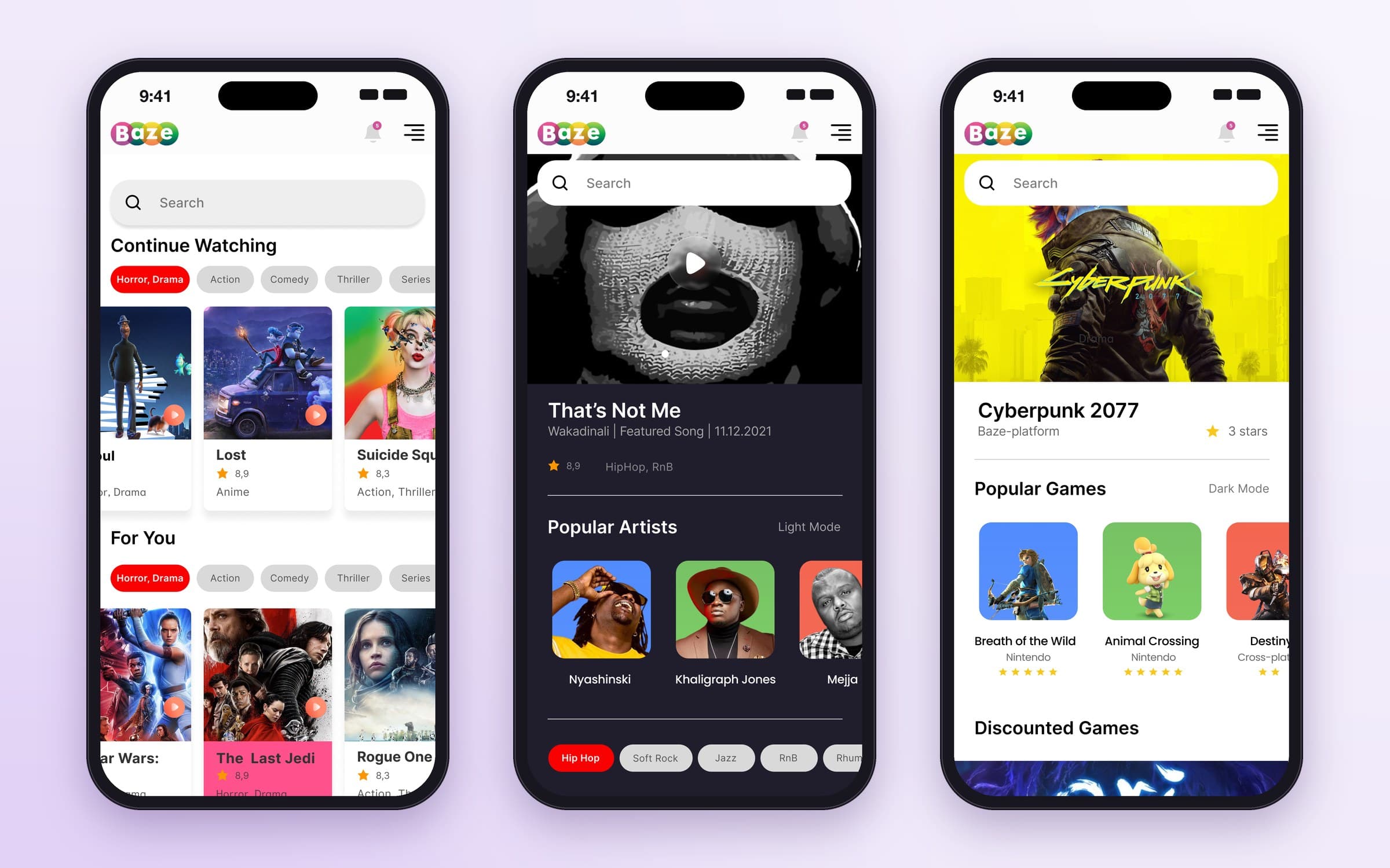 Baze videos, music and games screens on mobile