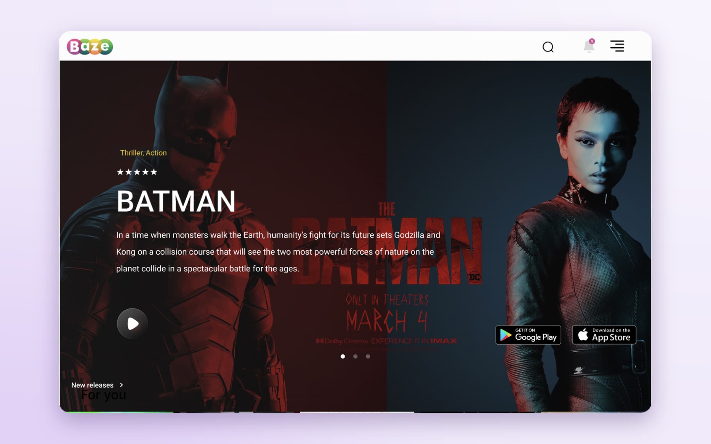 Baze web home: The Batman hero with app store badges