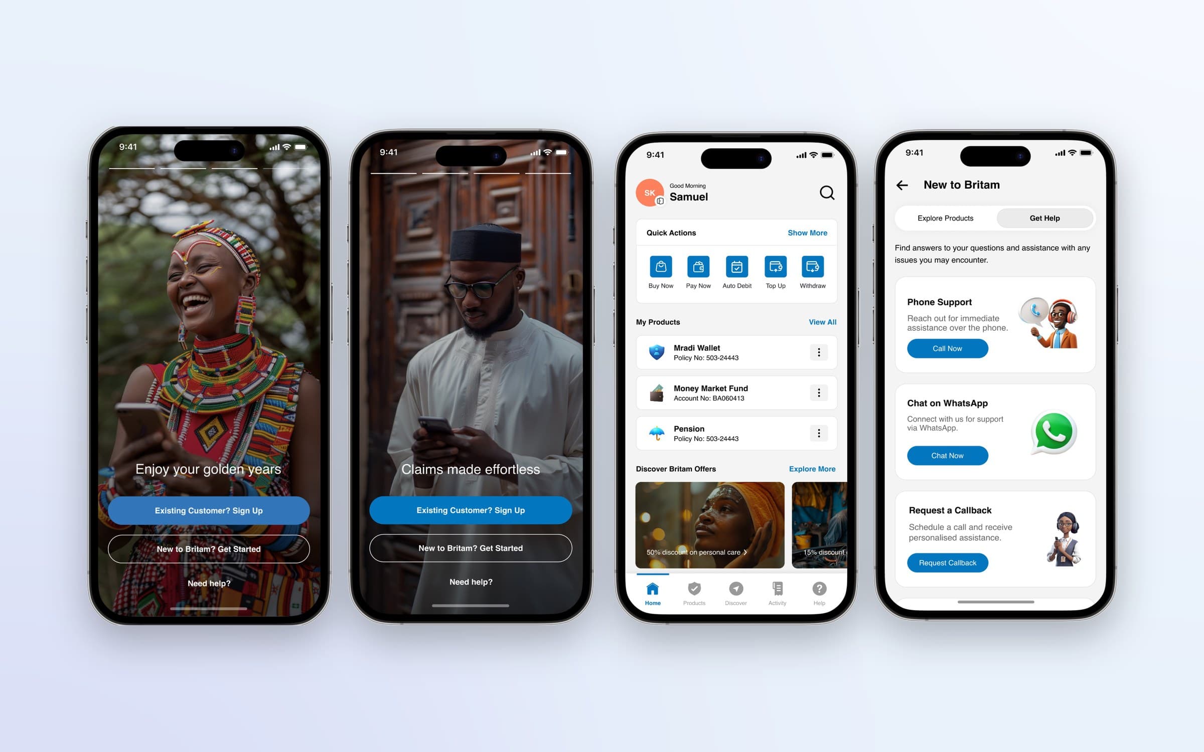 Britam onboarding, home with quick actions and products, and New to Britam help