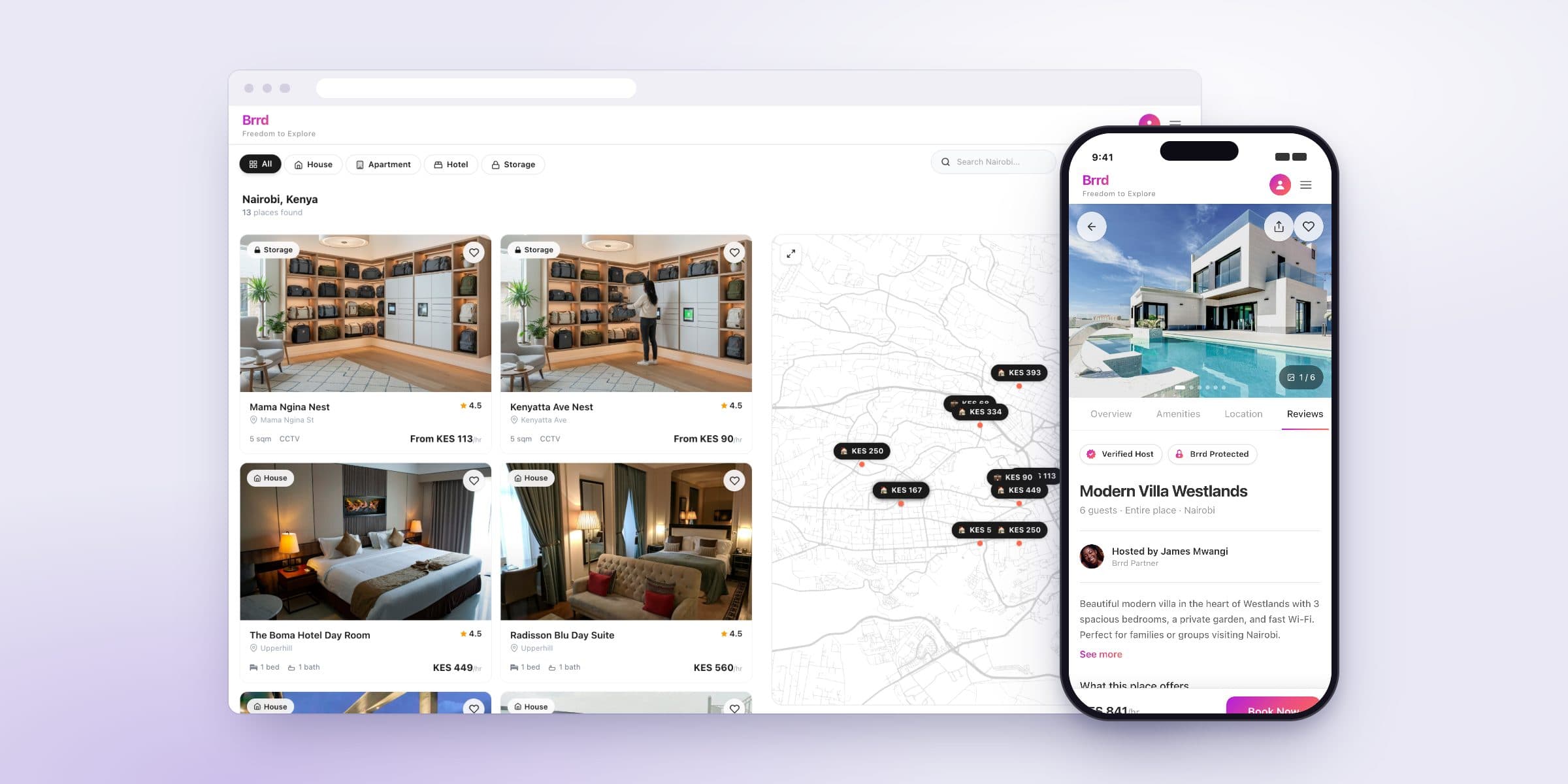 Brrd's explore page on desktop beside a Nest listing on mobile
