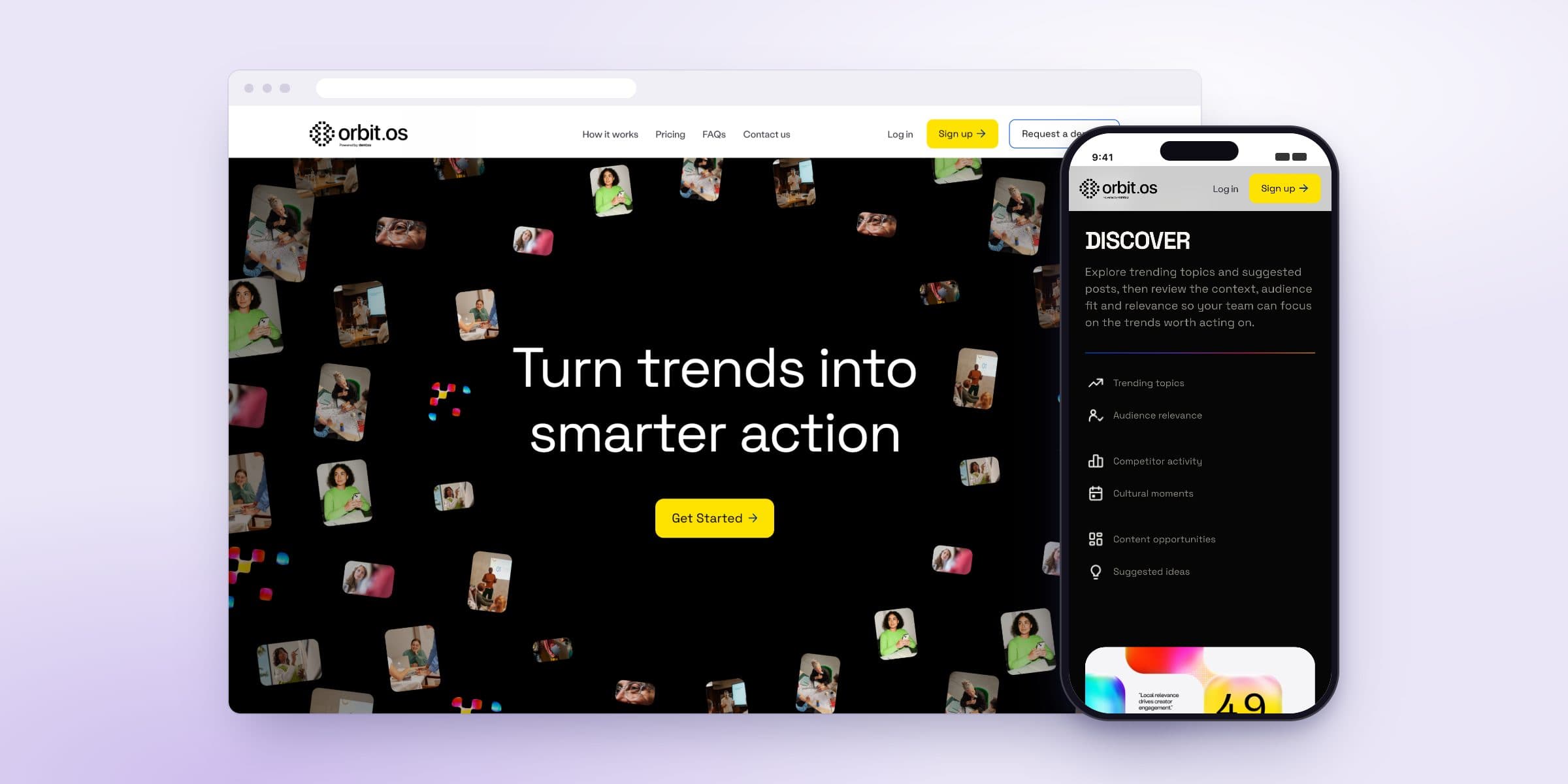 Orbit's homepage on desktop beside its Discover step on mobile