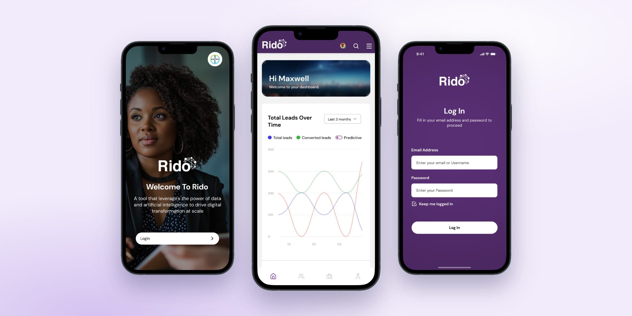 Rido's welcome screen, leads dashboard and log-in