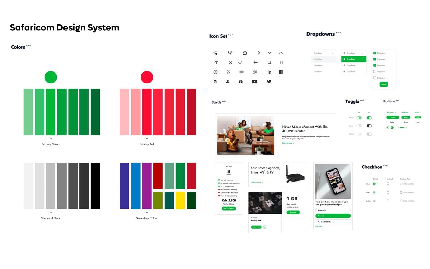 Safaricom design system: colours, icons, cards, toggles, buttons and checkboxes