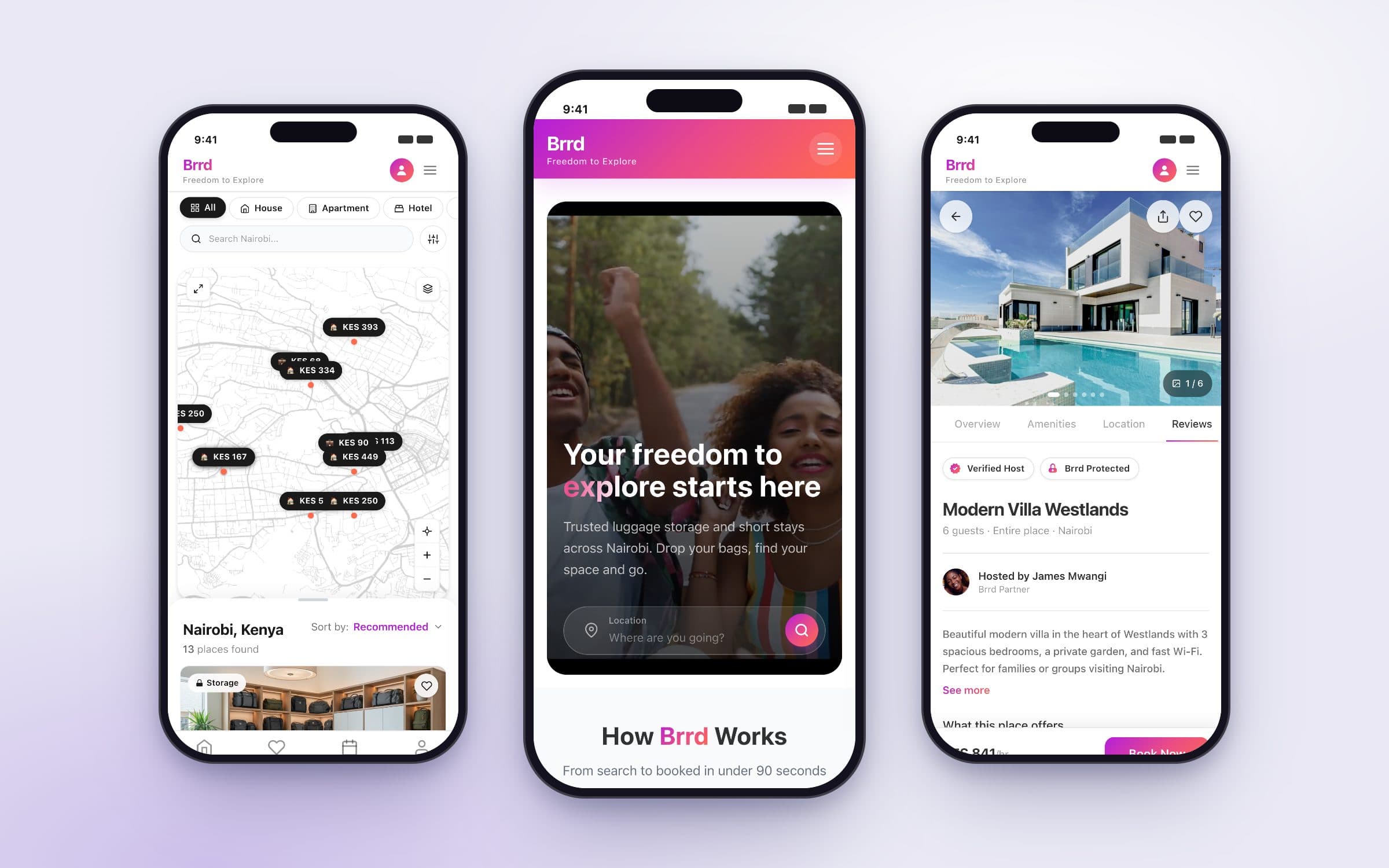 Brrd's map, homepage and listing on mobile