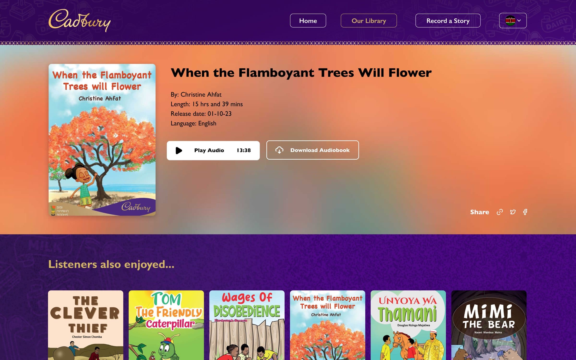 Audiobook page for When the Flamboyant Trees Will Flower, with Listeners also enjoyed