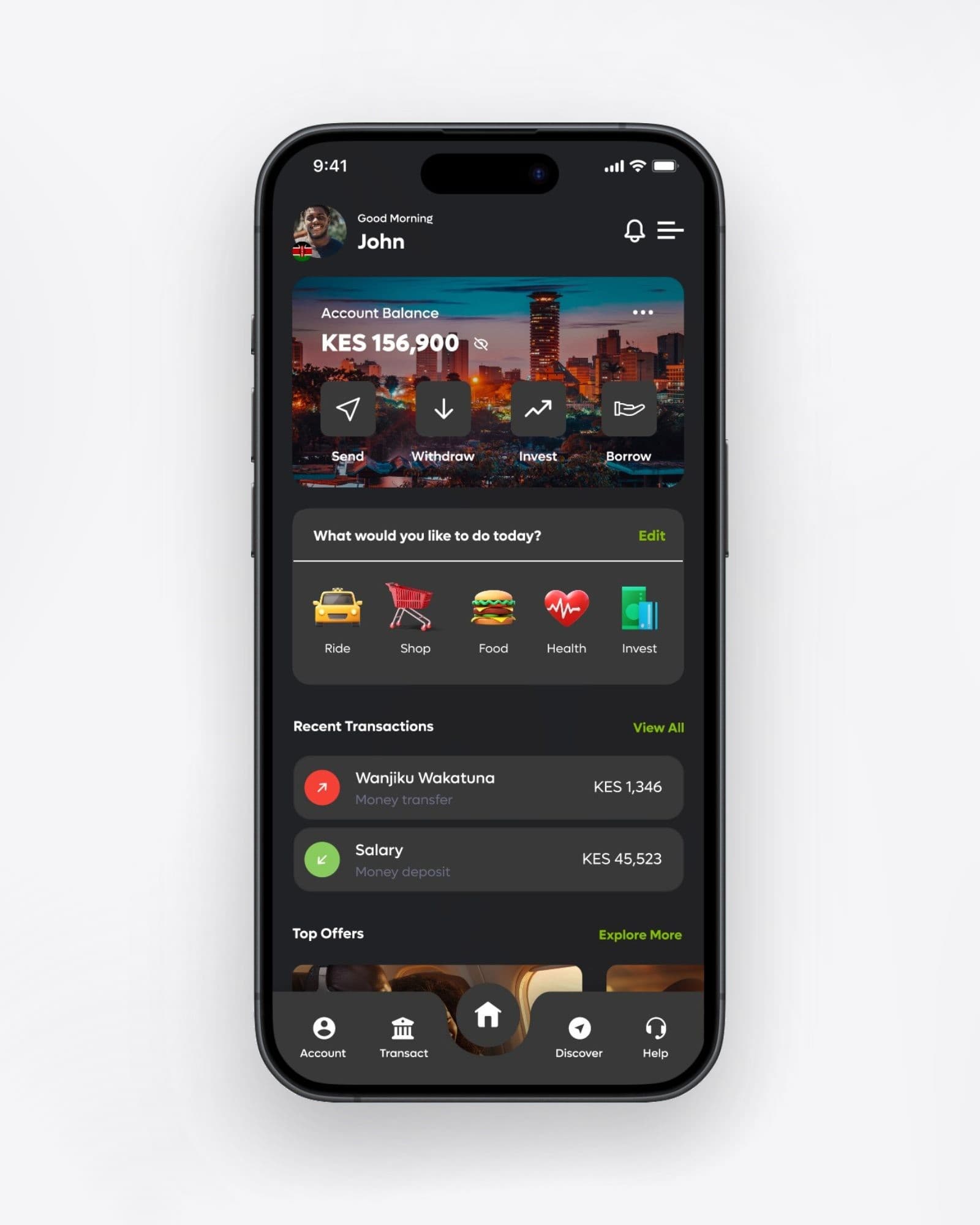 KCB's dark home dashboard on a phone